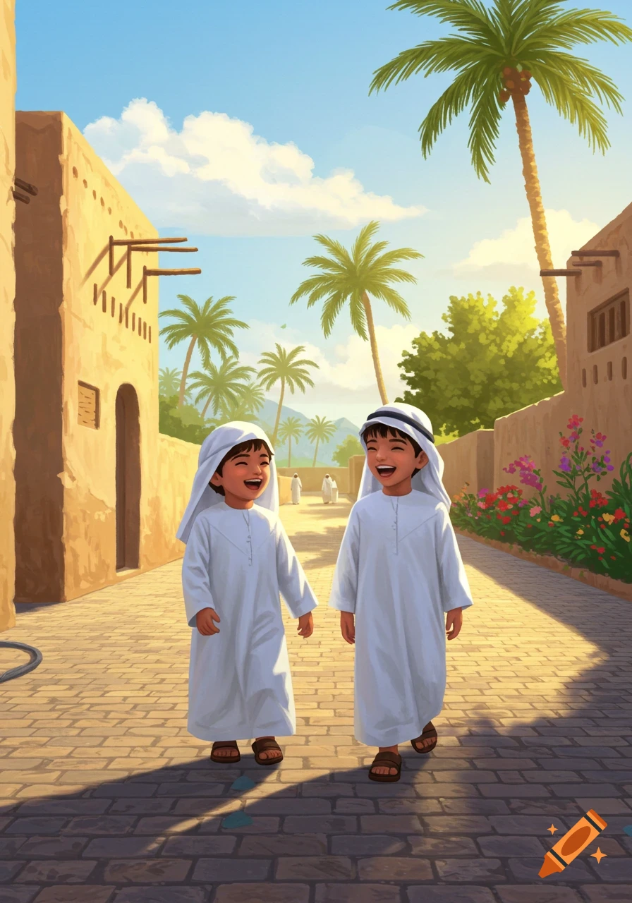 Two smiling boys in white thobes walk down a sunny cobblestone street lined with buildings and palm trees in an illustration.