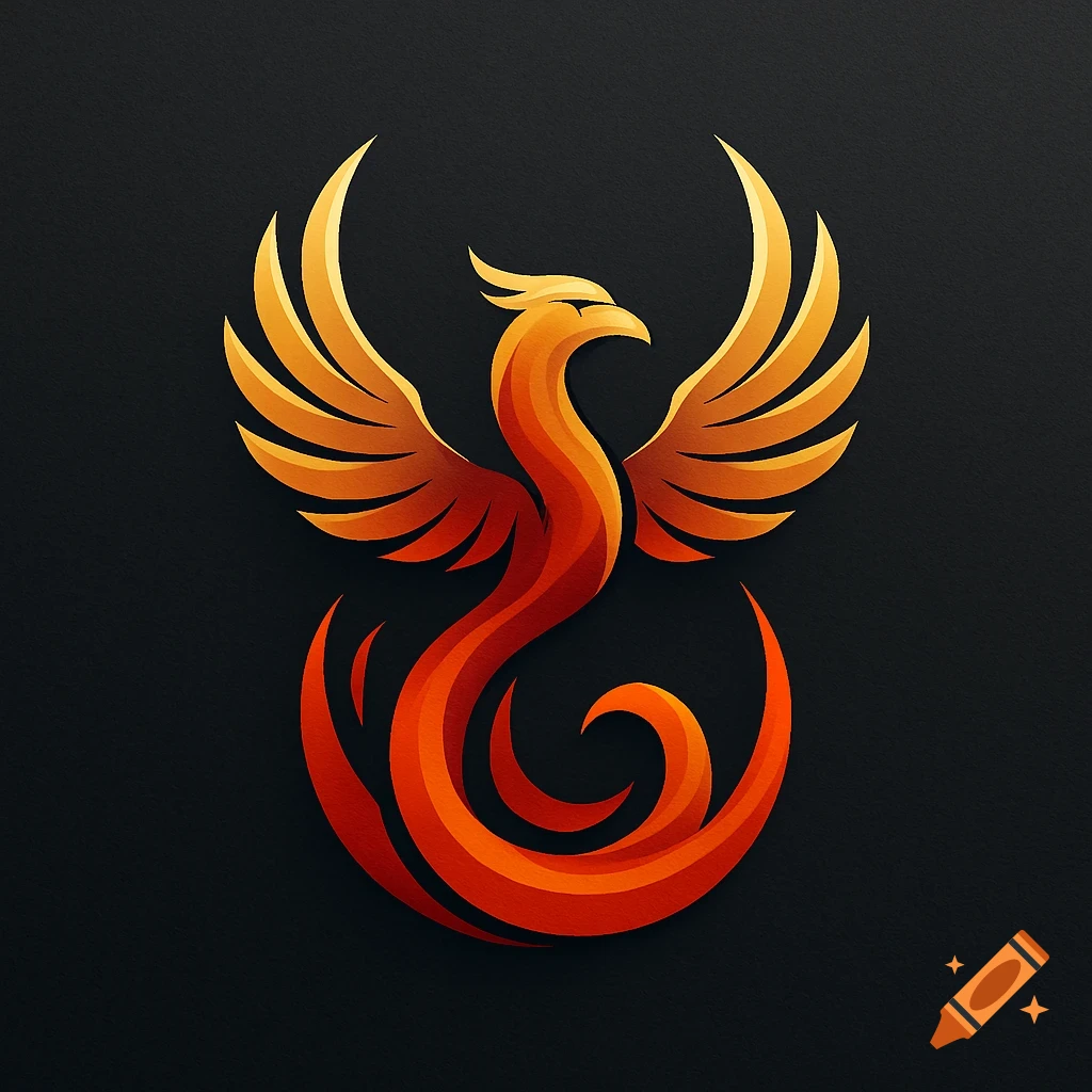 Stylized orange and red phoenix logo with outstretched wings on a dark, textured background.