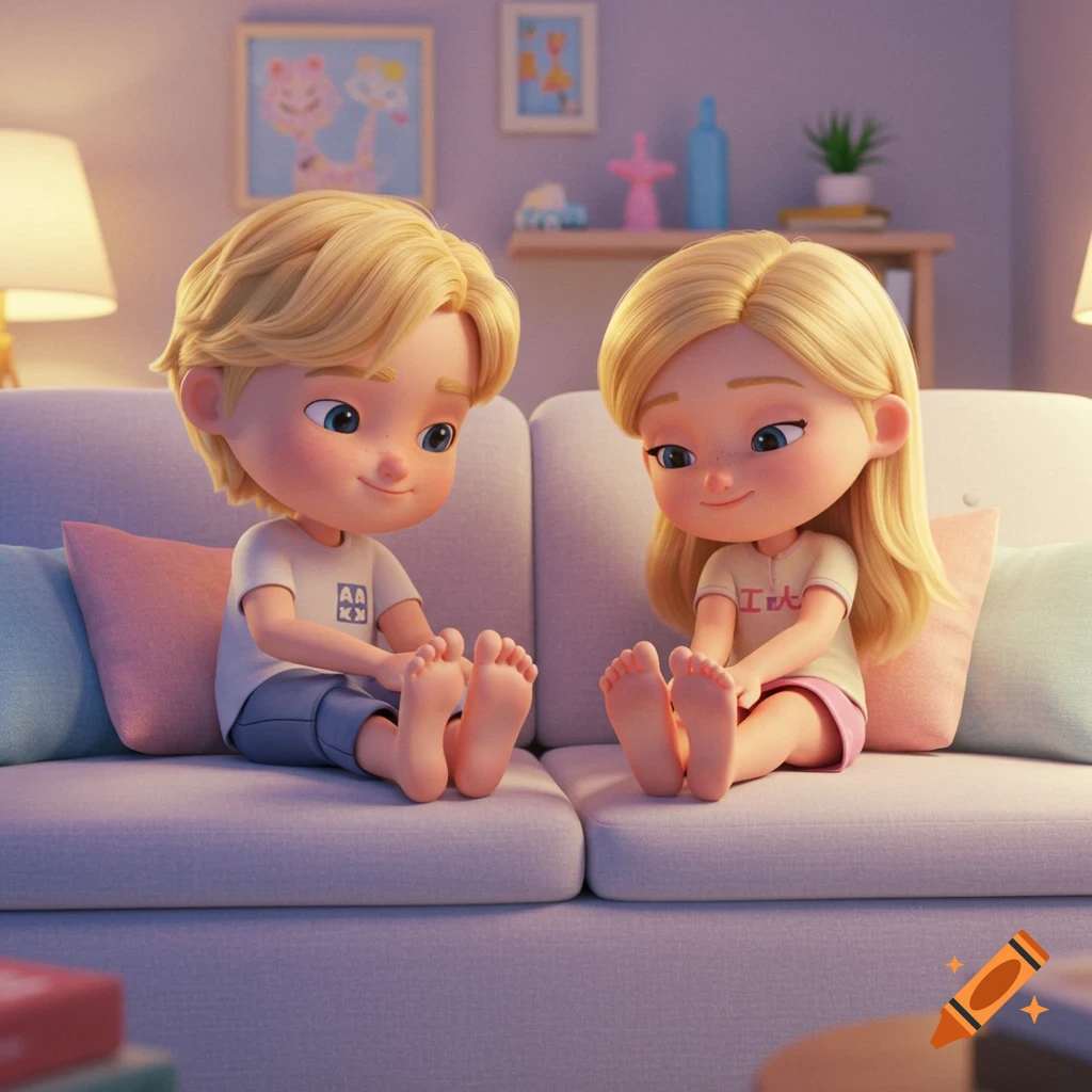 A blonde boy and girl in Pixar style sit on a couch, giving each other foot massages in a cozy room.