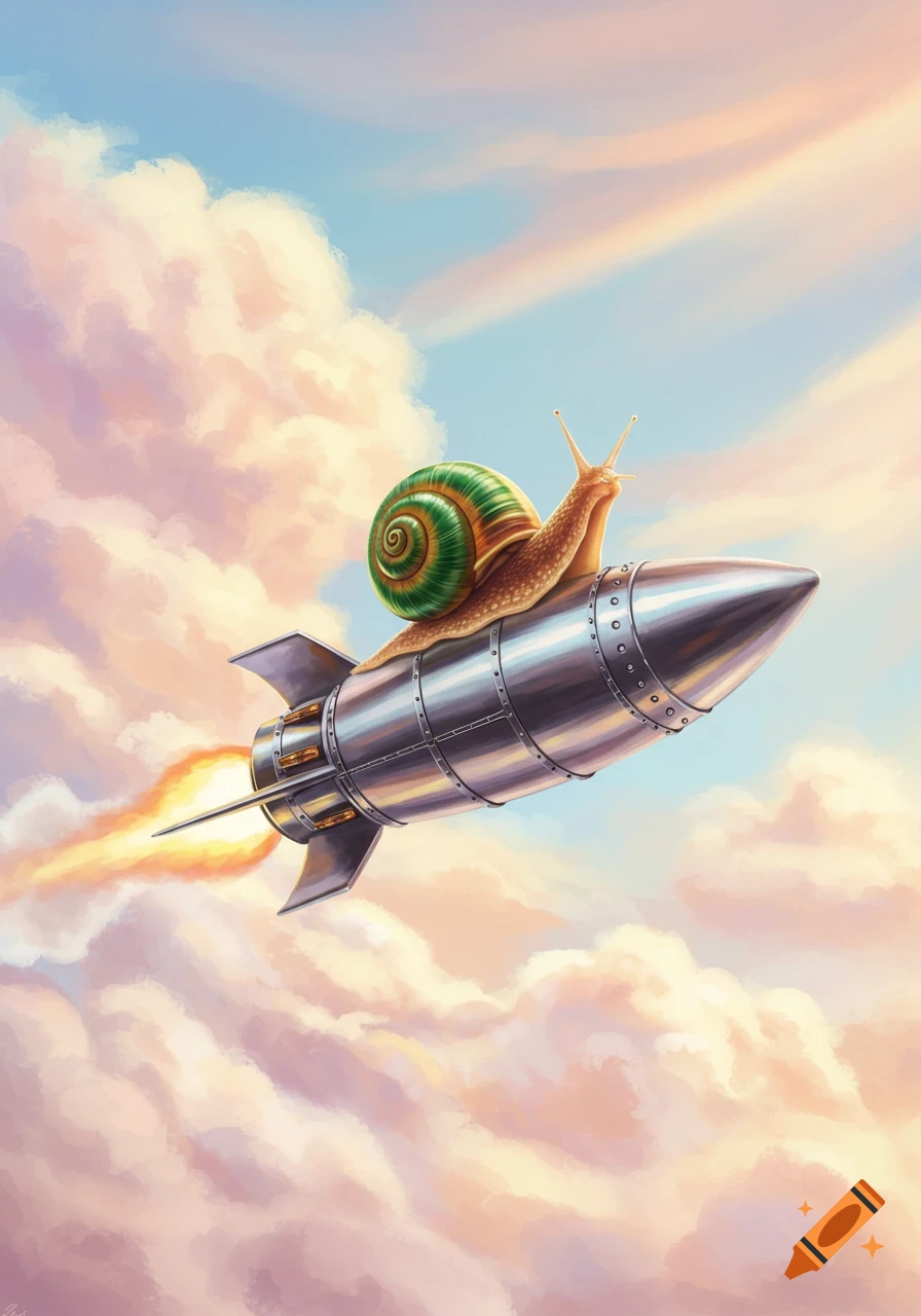 Whimsical illustration of a snail riding a rocket through a cloudy sky at sunset.