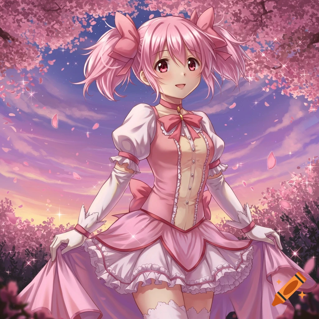 Anime girl with pink hair in a pink dress and pigtails under cherry blossoms at sunset, looking cheerful.