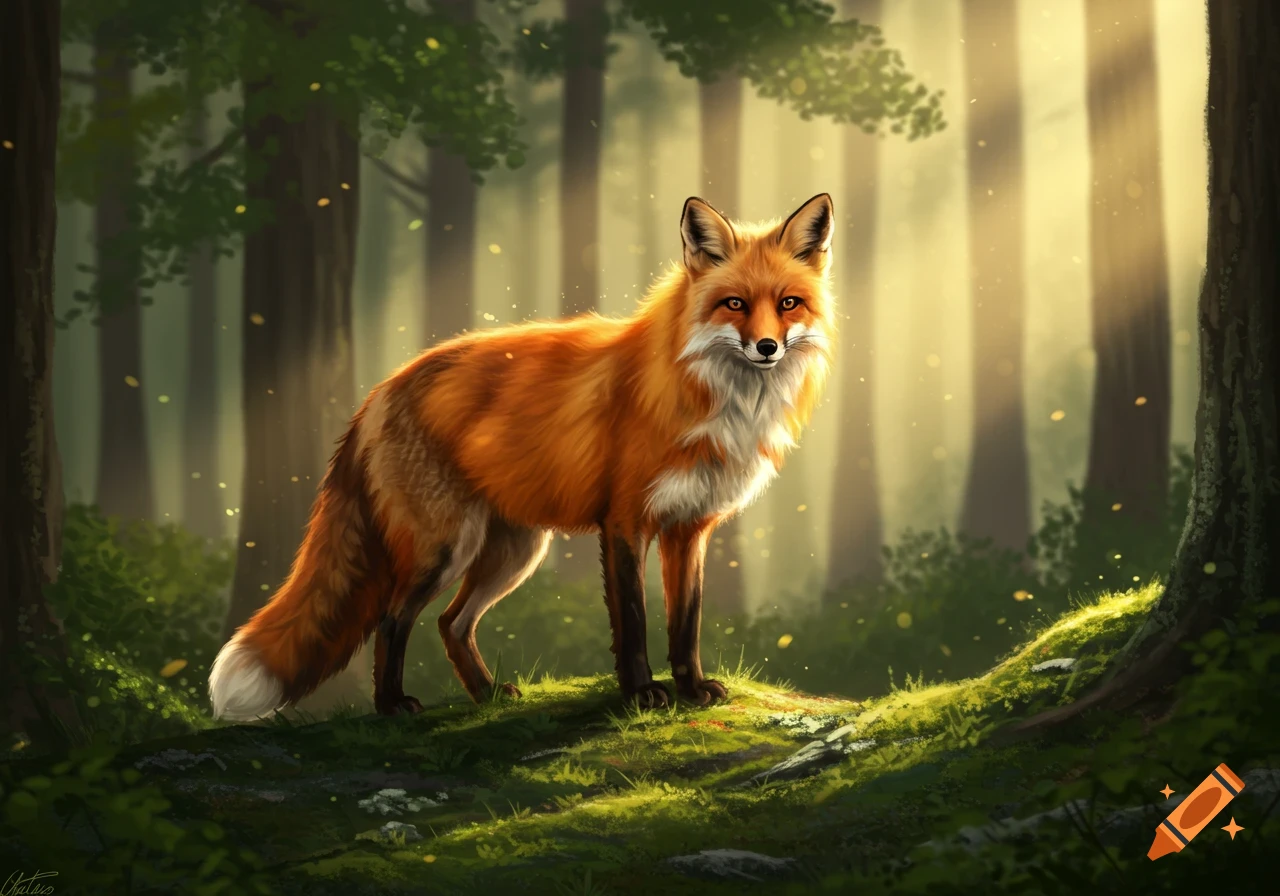 A vibrant red fox with white fur on its chest stands in a sunlit forest, with glowing particles in the air, in an artistic style.