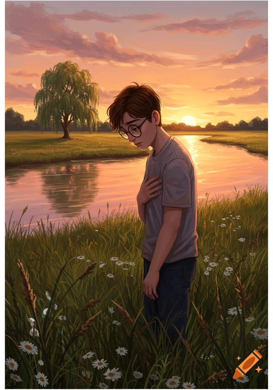 An illustration of a sad young man in glasses standing in tall grass by a river at sunset.