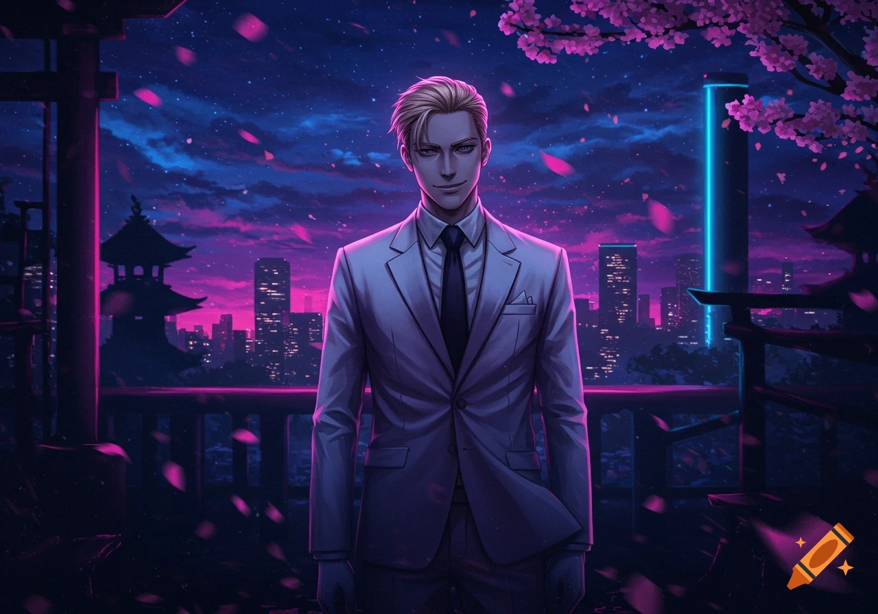 Anime man in a suit on a balcony overlooking a futuristic city at night with pink petals and cherry blossoms.