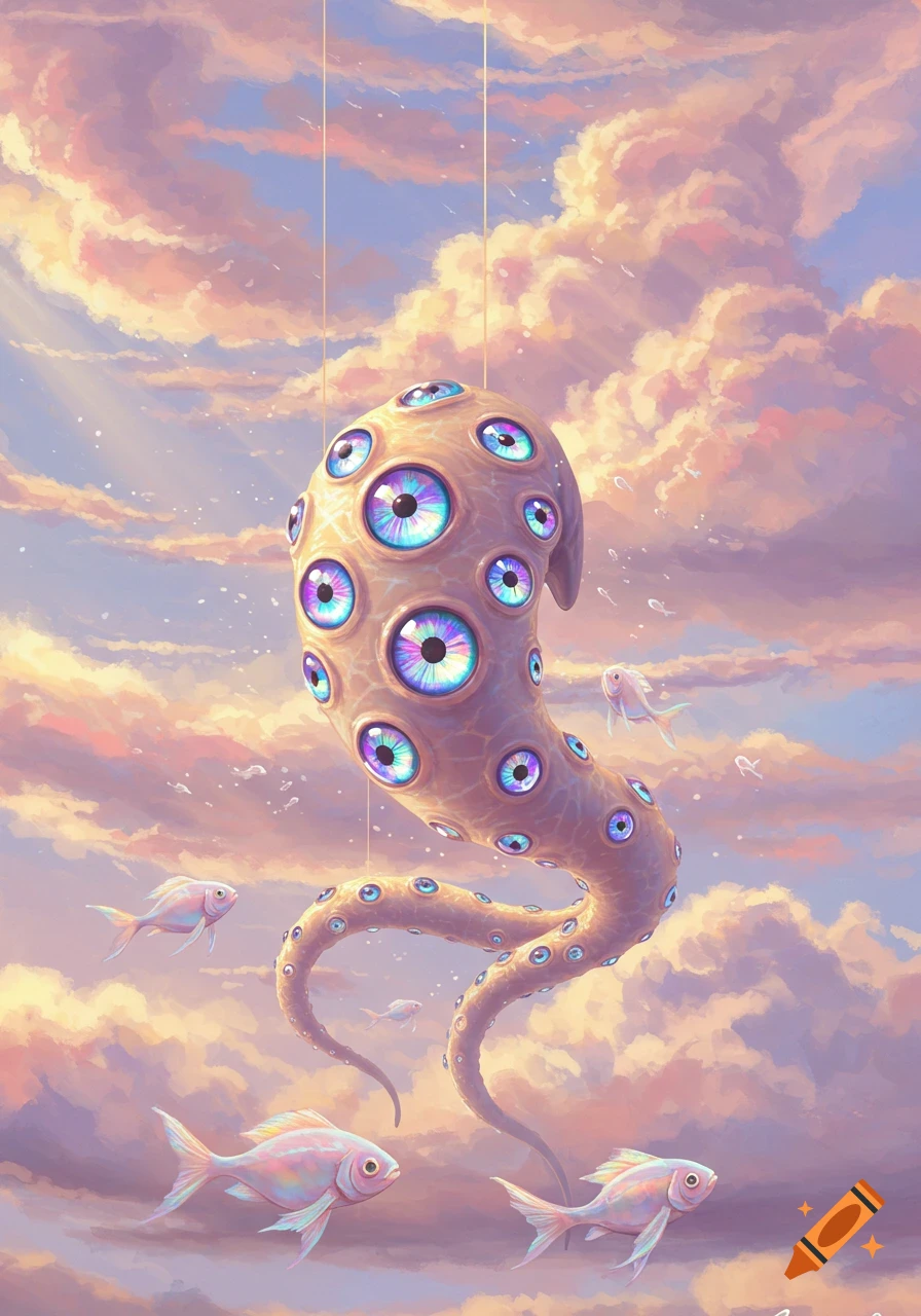 A multi-eyed, serpentine creature floats amidst pink and orange clouds, with pastel-colored fish swimming through the dreamlike sky. Fantasy art.
