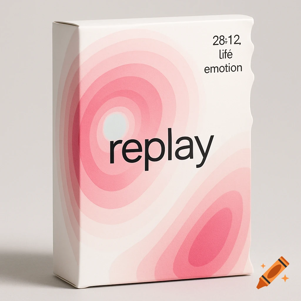 A white retail package with a pink and magenta circular gradient design. The text "replay" is central, with "28:12 lif is_json: true ```