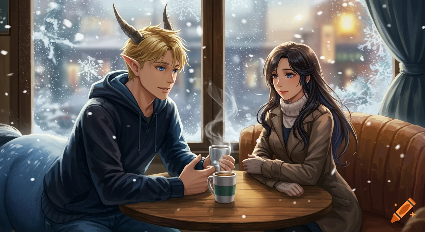 An anime-style centaur with horns and a woman drink coffee in a snowy cafe.