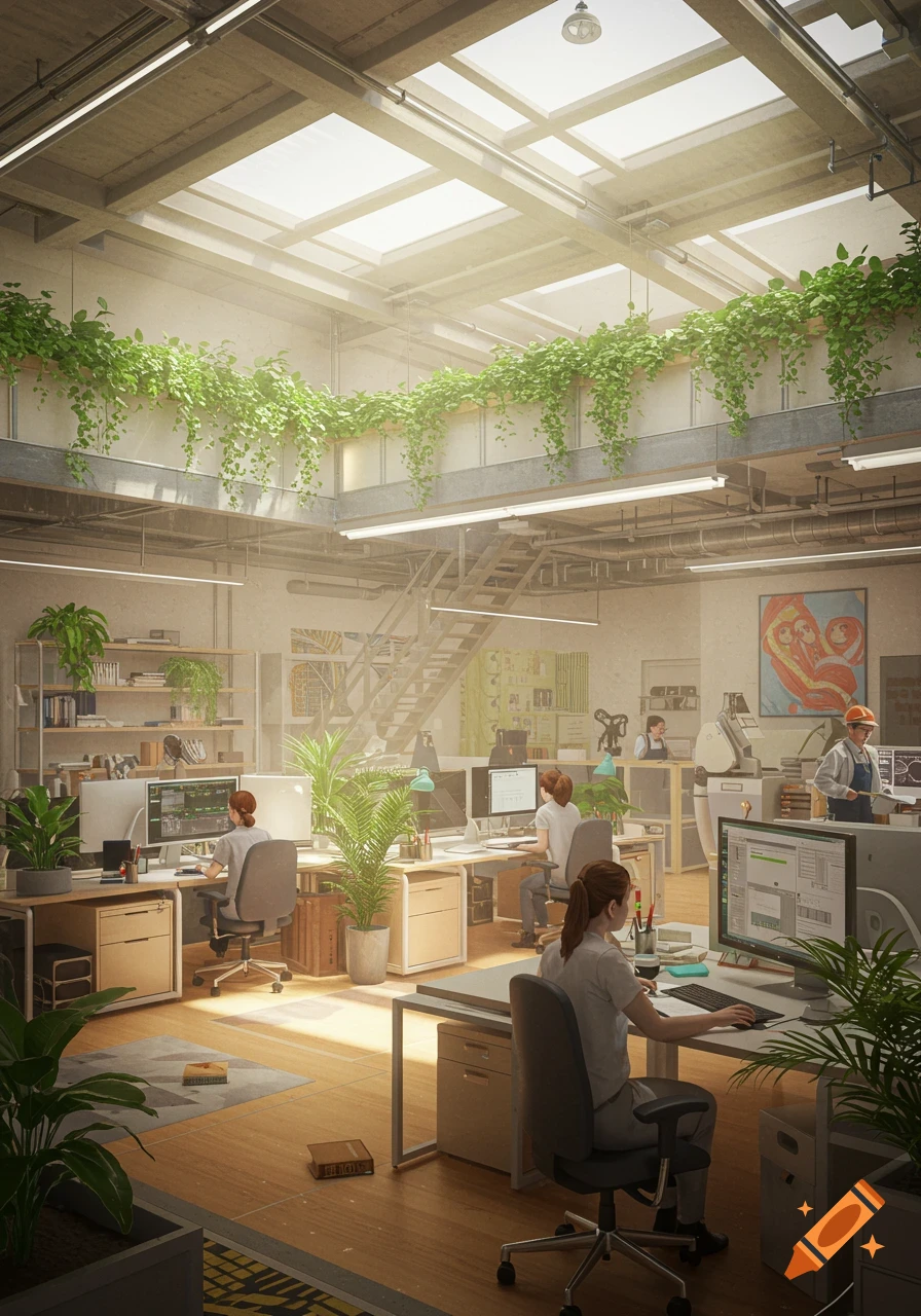 An open-plan office with high ceilings, skylights, and numerous hanging and potted plants. Several people work at desks with computers.