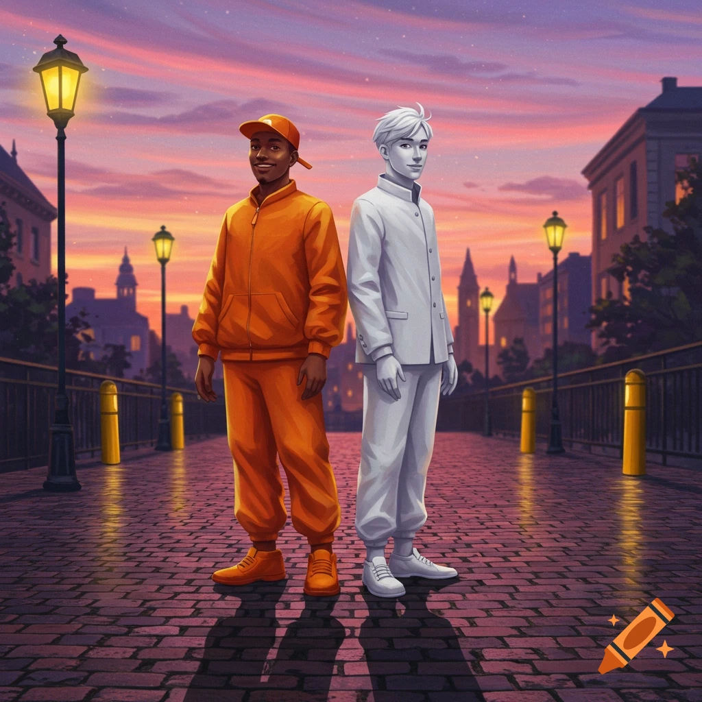 An illustration of two men, one in orange and one in white, standing on a cobblestone street at sunset.
