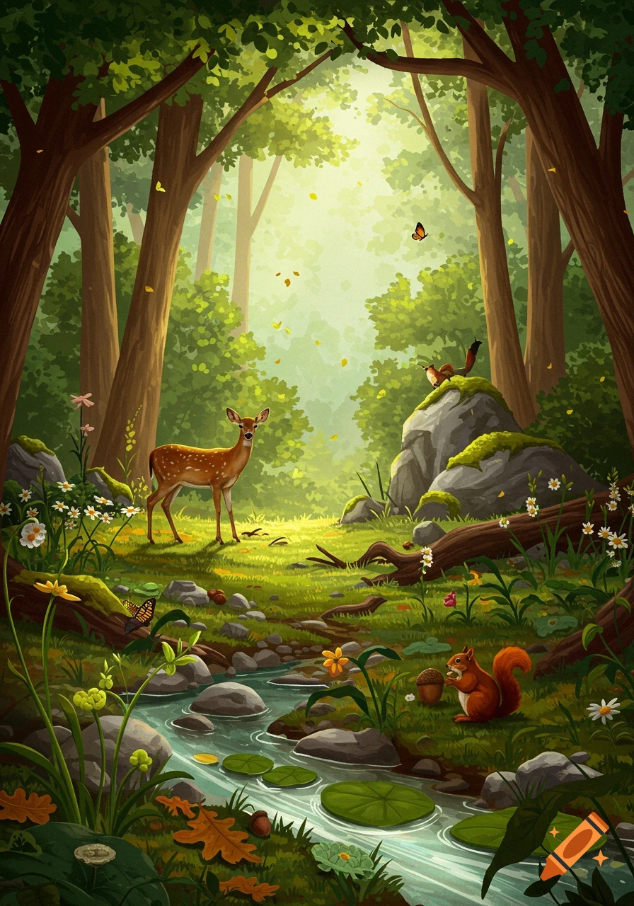 An illustration of a vibrant forest scene with a deer, squirrel, fox, and stream bathed in sunlight.
