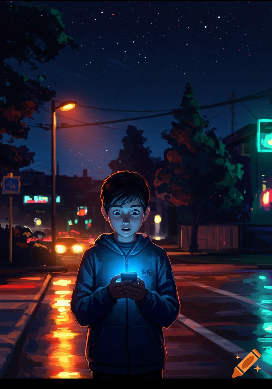 A wide-eyed boy stares at his glowing phone on a dark, wet city street, illuminated by blurred neon lights in a digital art style.