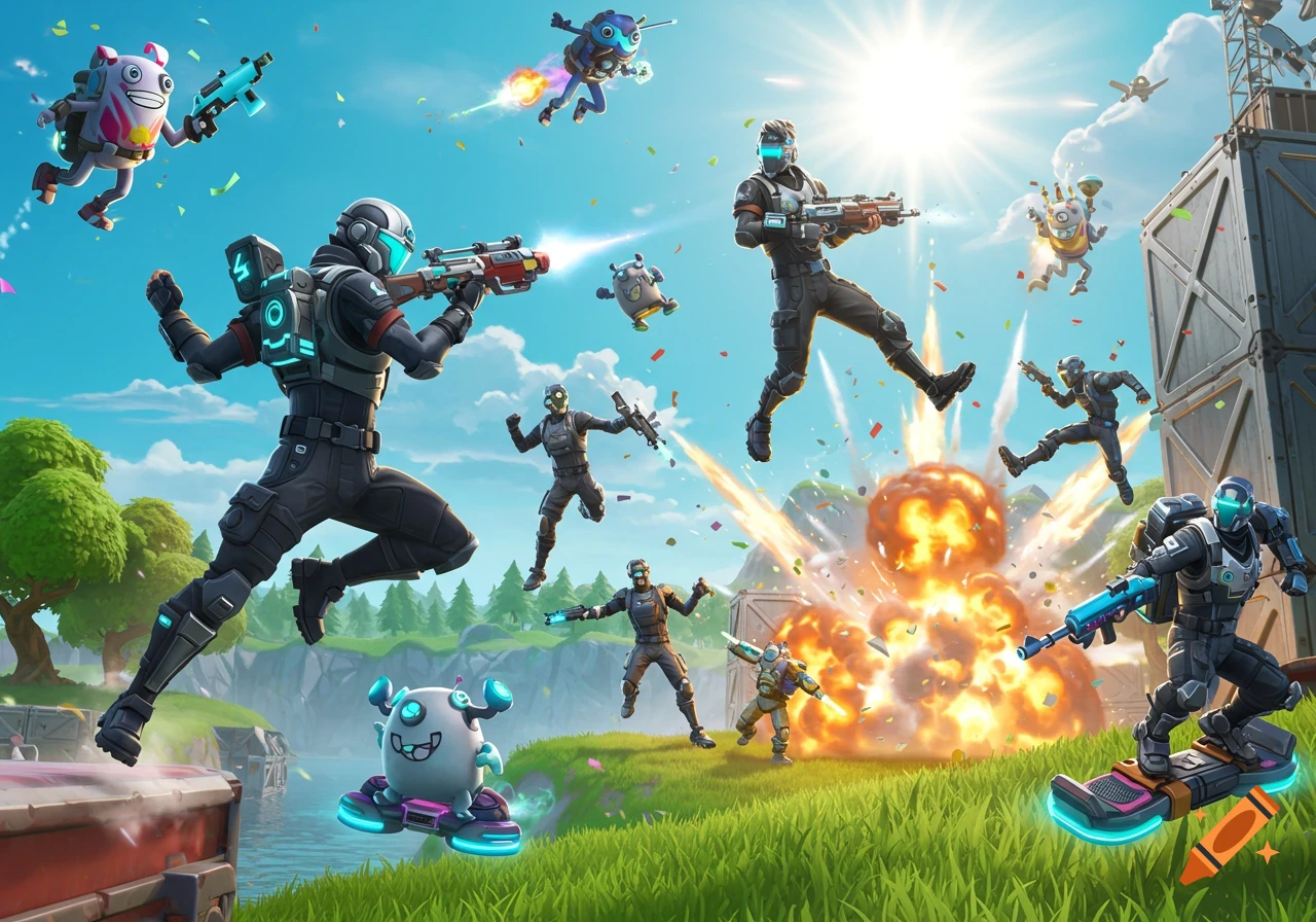 Stylized characters with futuristic gear battle in a vibrant outdoor arena with an explosion and confetti.