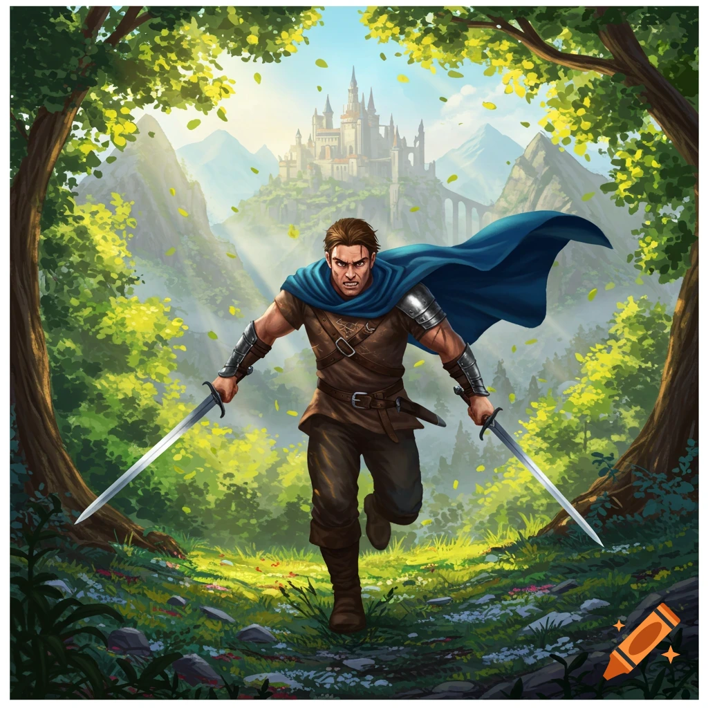 A determined man with two swords and a blue cape runs through a vibrant forest path towards the viewer, a grand castle on a mountain behind.
