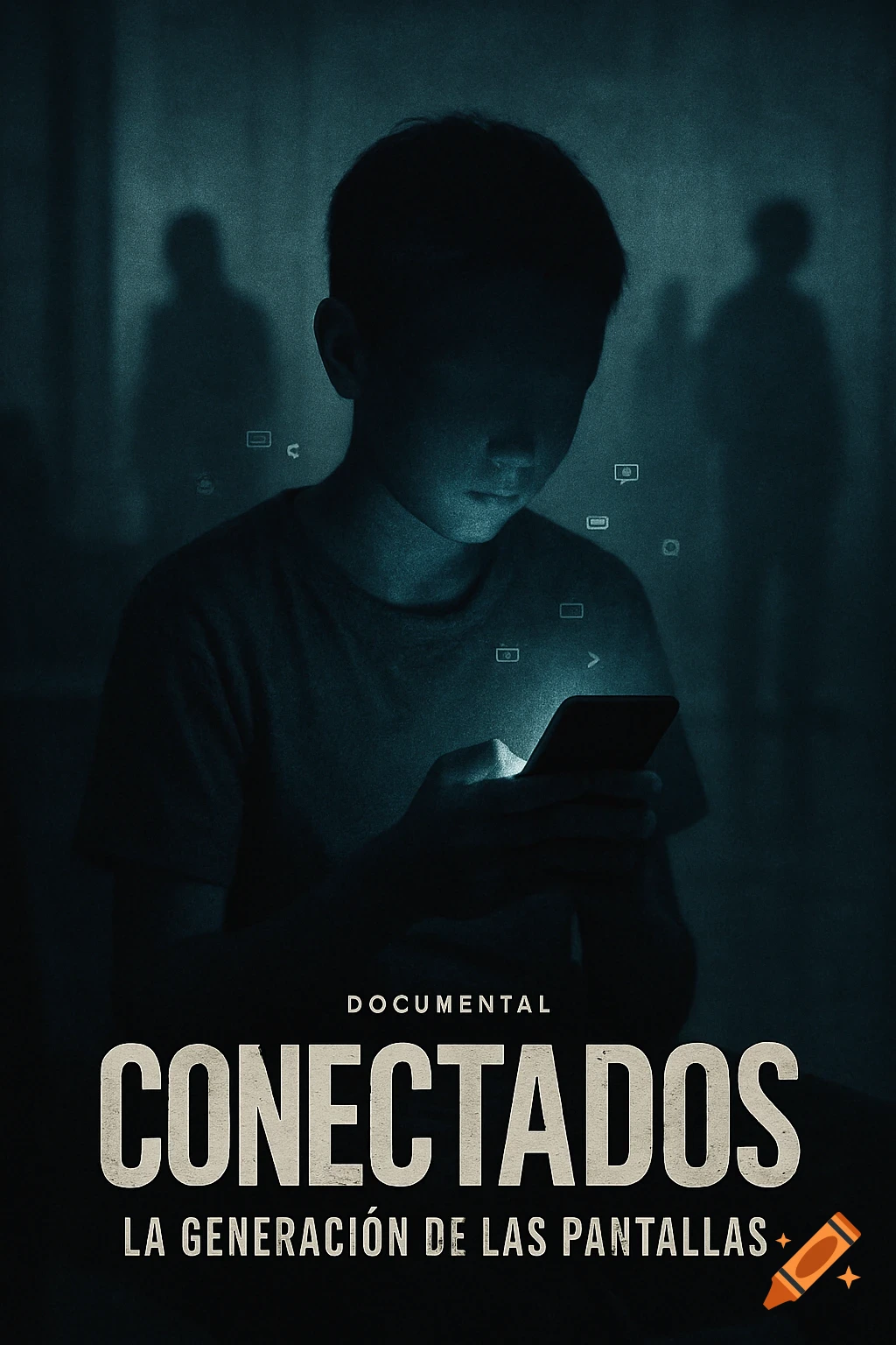 Cinematic documentary poster showing a silhouetted teenager looking at a glowing phone in a dark room with floating digital symbols.