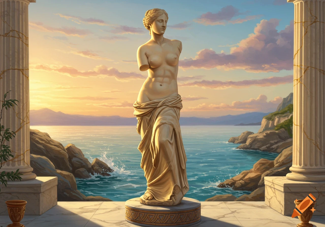 A classical marble statue of Venus stands on a patio overlooking a rocky Mediterranean coast at sunset, flanked by ancient pillars.