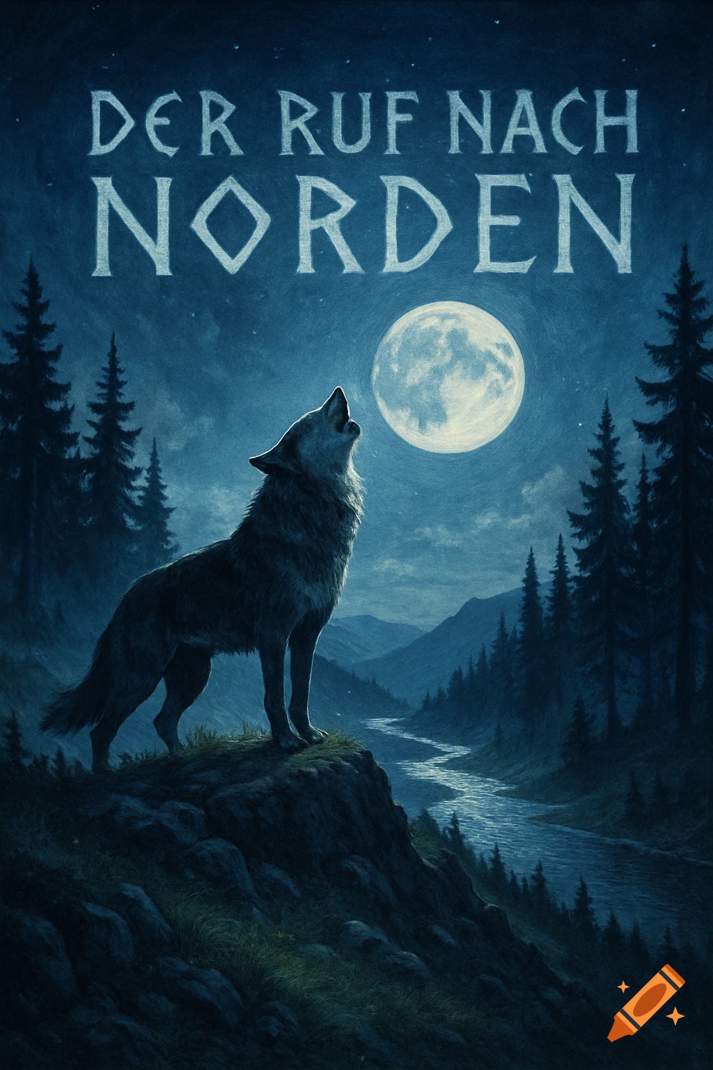 An illustrative dark blue painting of a wolf howling at a bright full moon from a rocky cliff overlooking a river and pine forest at night, with 'DER RUF NACH NORDEN' text above.