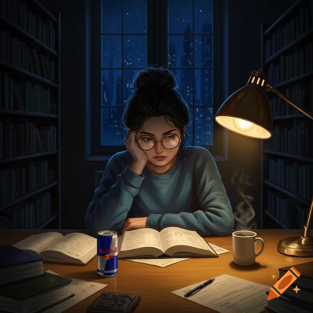 A stressed girl with glasses studies late at night in a dark library, surrounded by books, a Red Bull, and coffee, lit by a desk lamp.