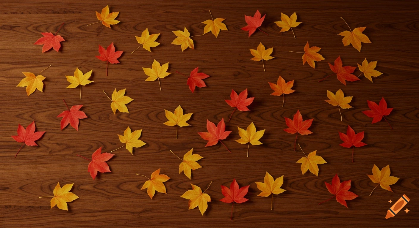 Red and yellow maple leaves are scattered across a brown wooden table, viewed from above.