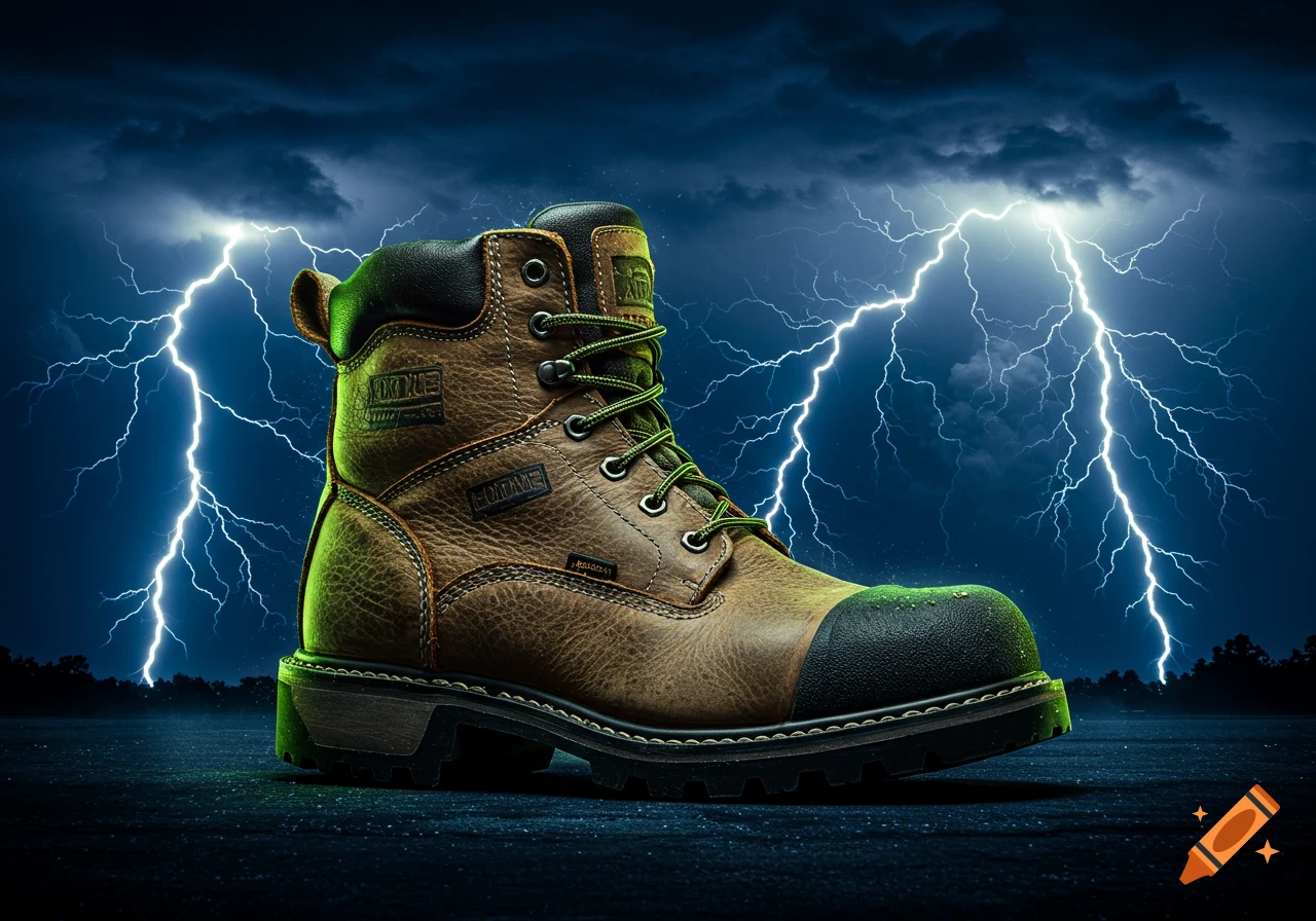 A single brown leather work boot stands on a dark ground with dramatic lightning strikes in a stormy night sky behind it.