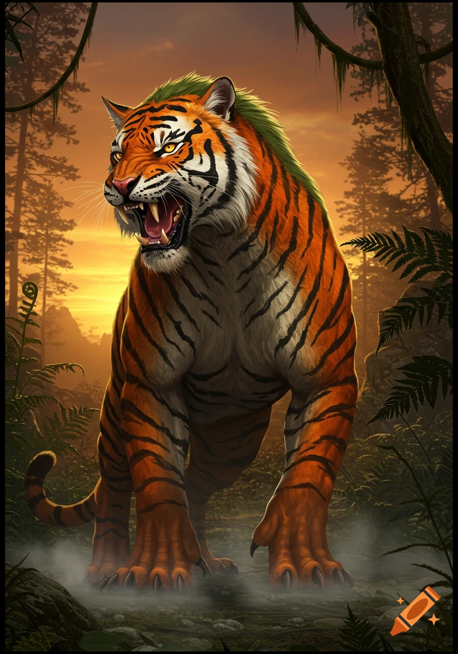 A powerful fantasy creature, a hybrid of a tiger and a dinosaur with a green mane, roars fiercely in a jungle at sunset.