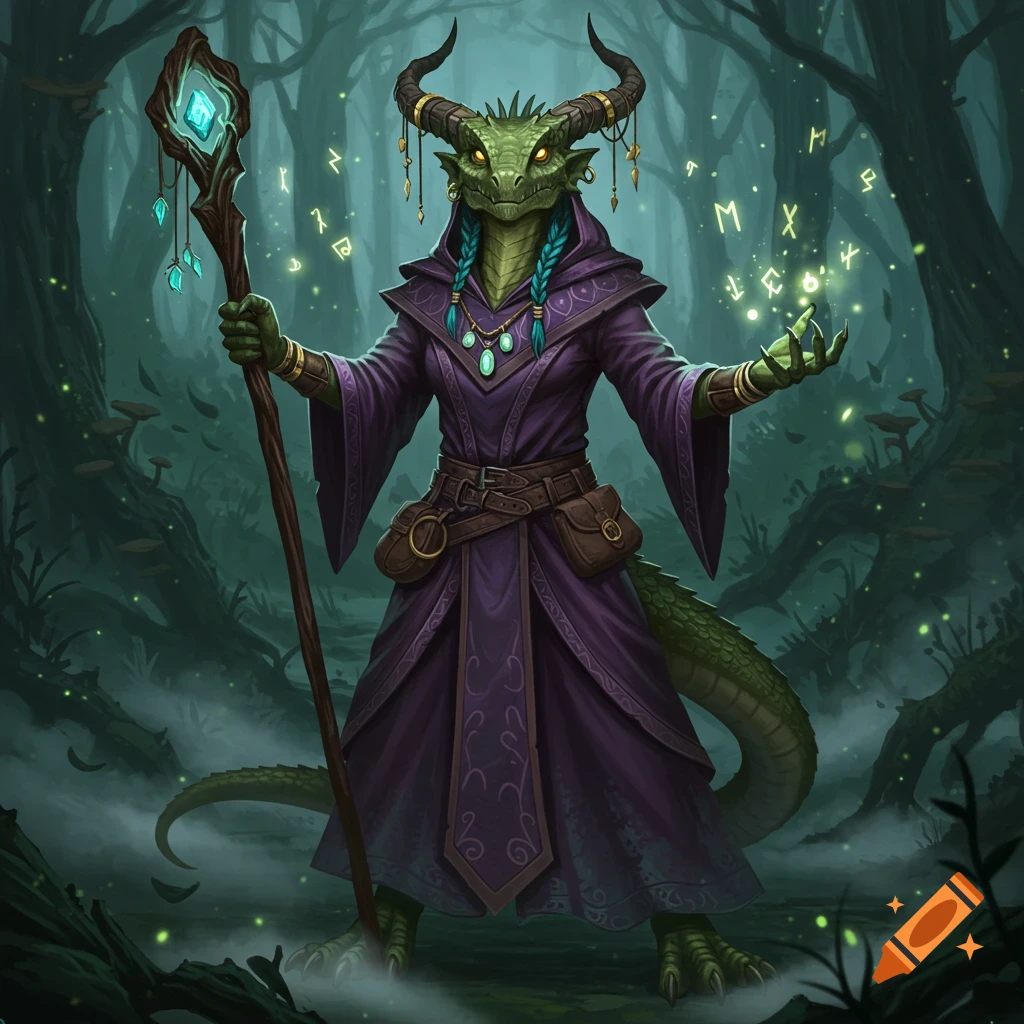 A green-skinned Lizardfolk wizard in purple robes holds a staff and casts glowing runes in a dark, misty forest.