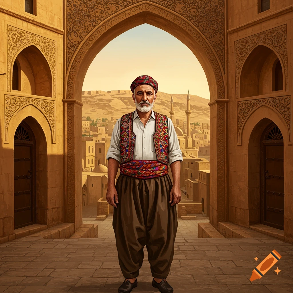 An elderly man in traditional Kurdish attire stands under a decorated archway in an ancient city, with desert buildings in the background.