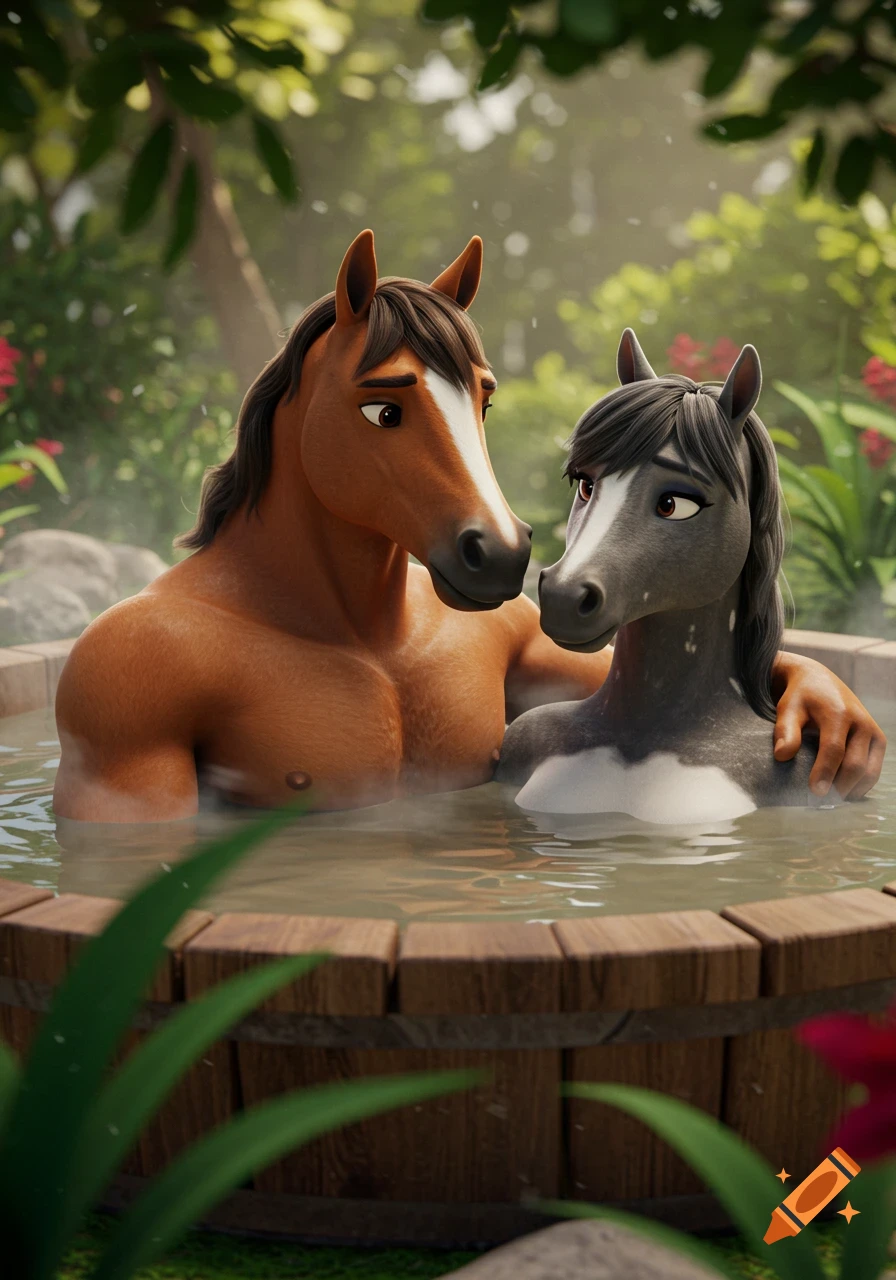 A 3D animated anthropomorphic horse couple relaxing in a steamy mud hot tub in a lush jungle setting.