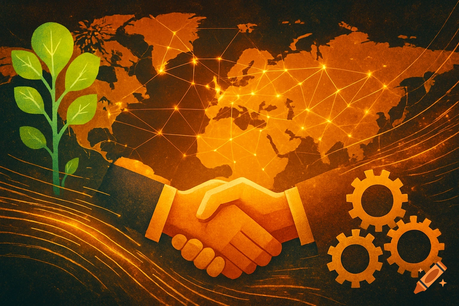 A stylized illustration of a handshake and a green plant over a glowing world map with gears, symbolizing global partnership and environmental business.