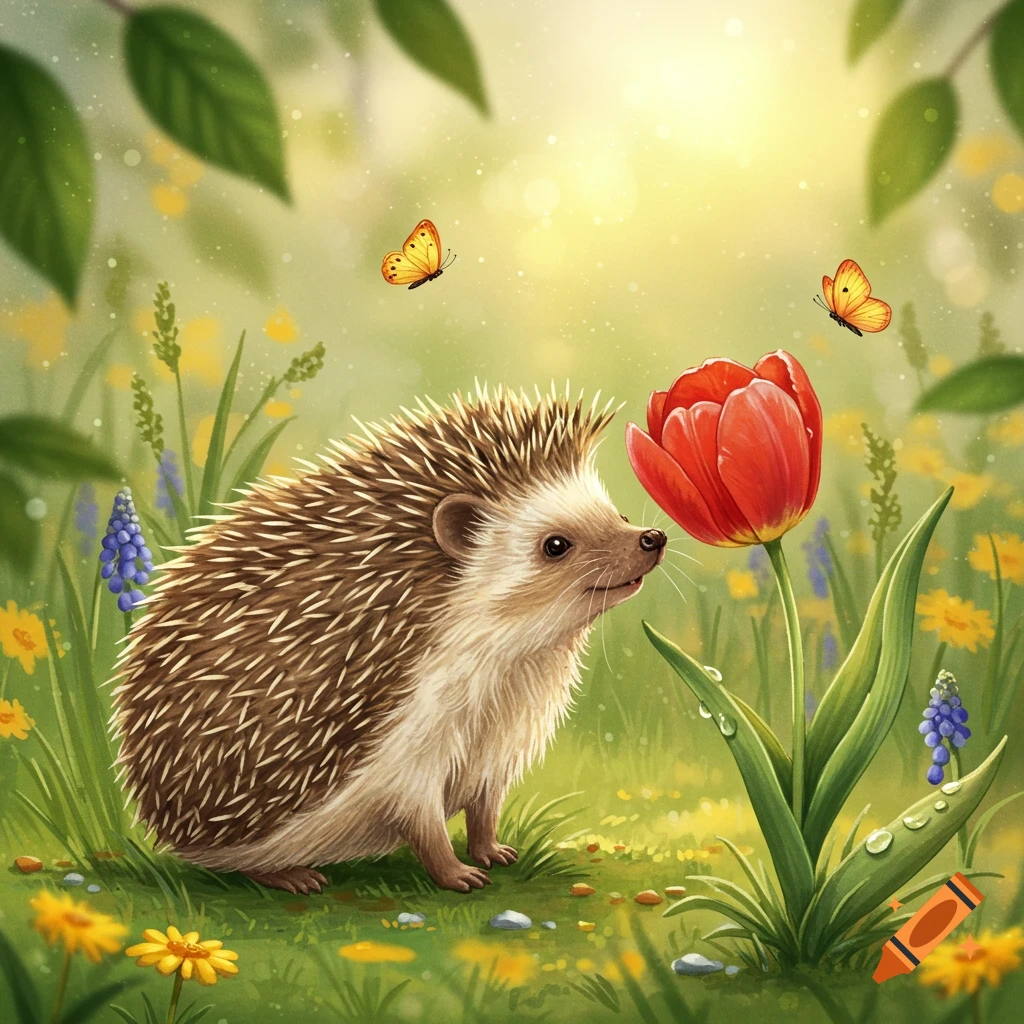 An illustrated hedgehog sniffs a red tulip in a sunny green meadow with butterflies.