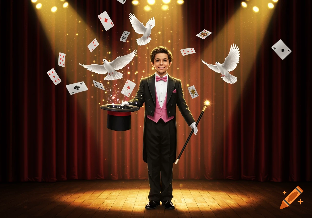 A young magician in a tuxedo holds a top hat and cane on a stage, surrounded by flying doves and playing cards under spotlights.