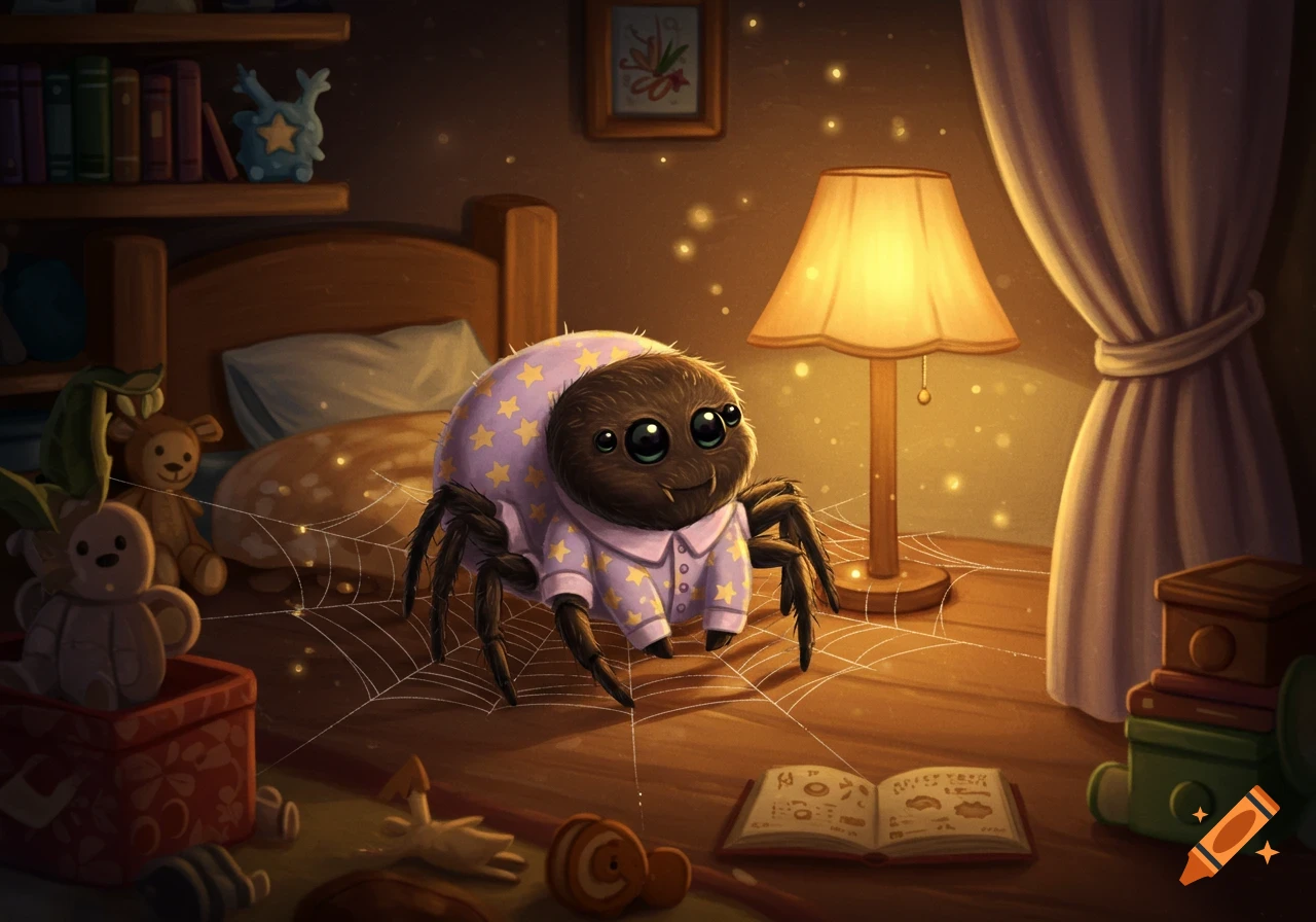A cute, brown, furry spider wearing purple star pajamas sits on a web on the floor in a cozy, dimly lit bedroom.