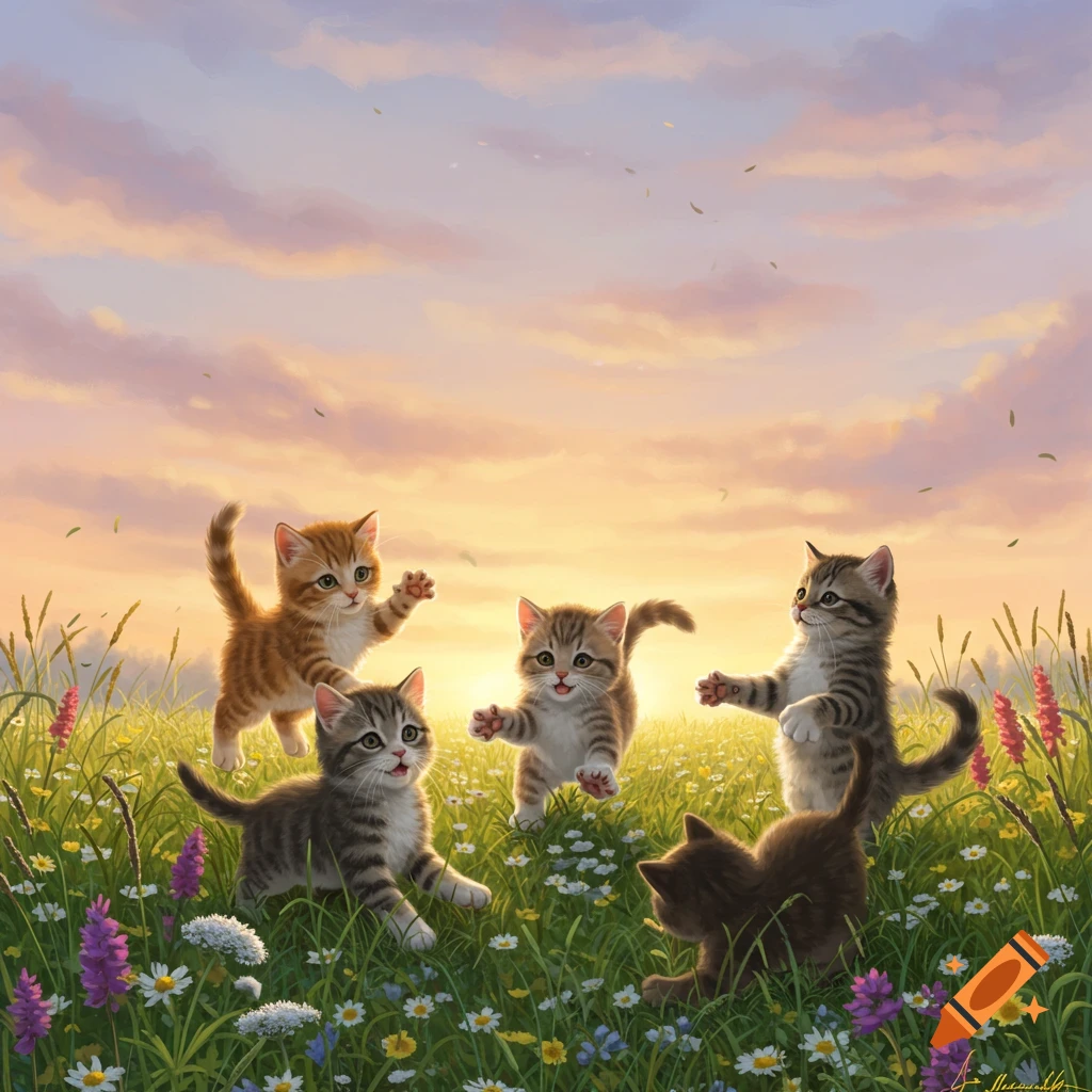 Five adorable kittens play in a vibrant, flower-filled meadow at sunset in a digital painting style.