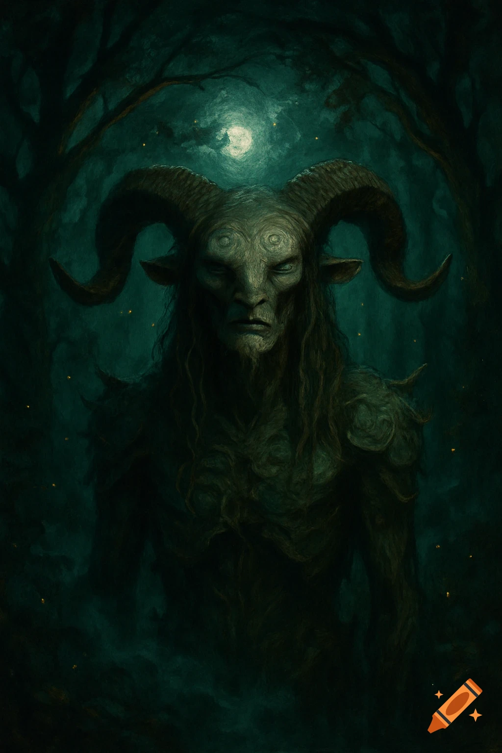 A dark fantasy portrait of a horned faun-like creature with glowing eyes, set in a mystical forest under a full moon, dark art style.