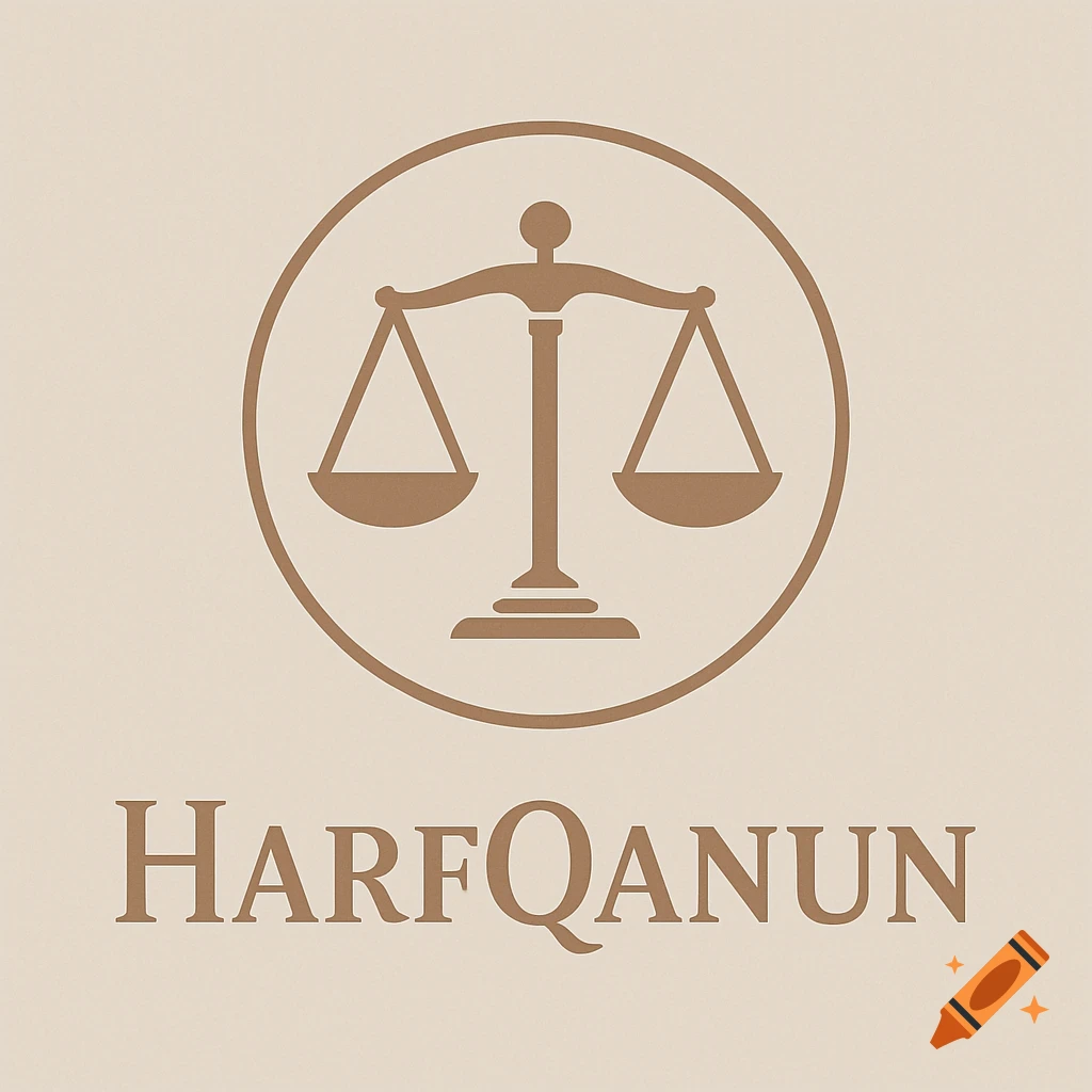 Minimalist brown logo featuring a balance scale inside a circle, with 'HARFQANUN' text, on a beige background.