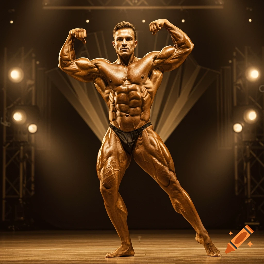 A very muscular bodybuilder poses on a stage under dramatic lighting.