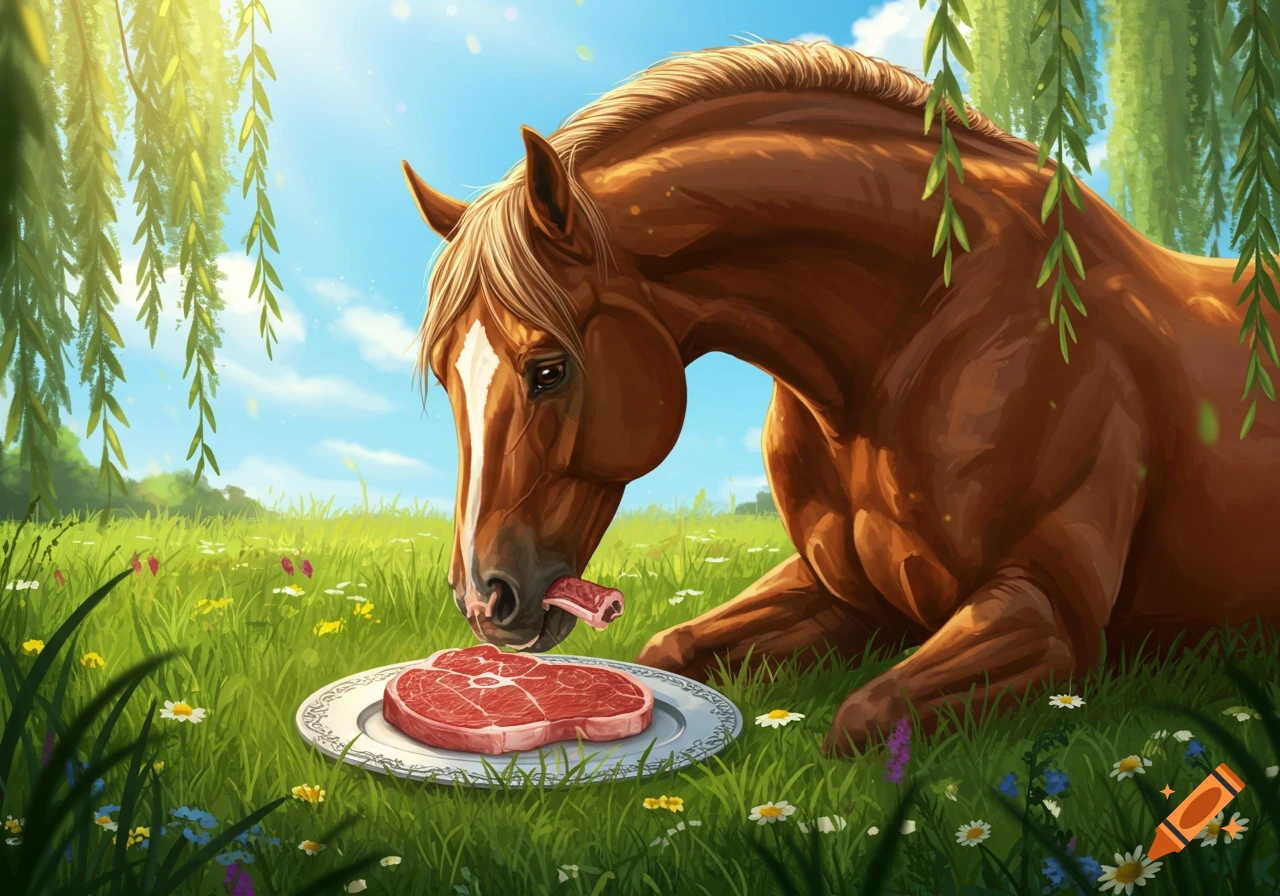 A brown horse lies in a sunny, grassy meadow, eating a raw steak from a plate in an illustrated style.