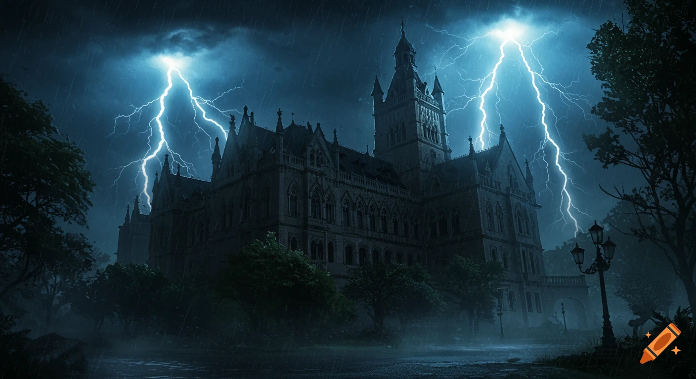A dark gothic palace stands against a stormy night sky, illuminated by multiple bright lightning bolts. Rain falls heavily, and trees surround the building.
