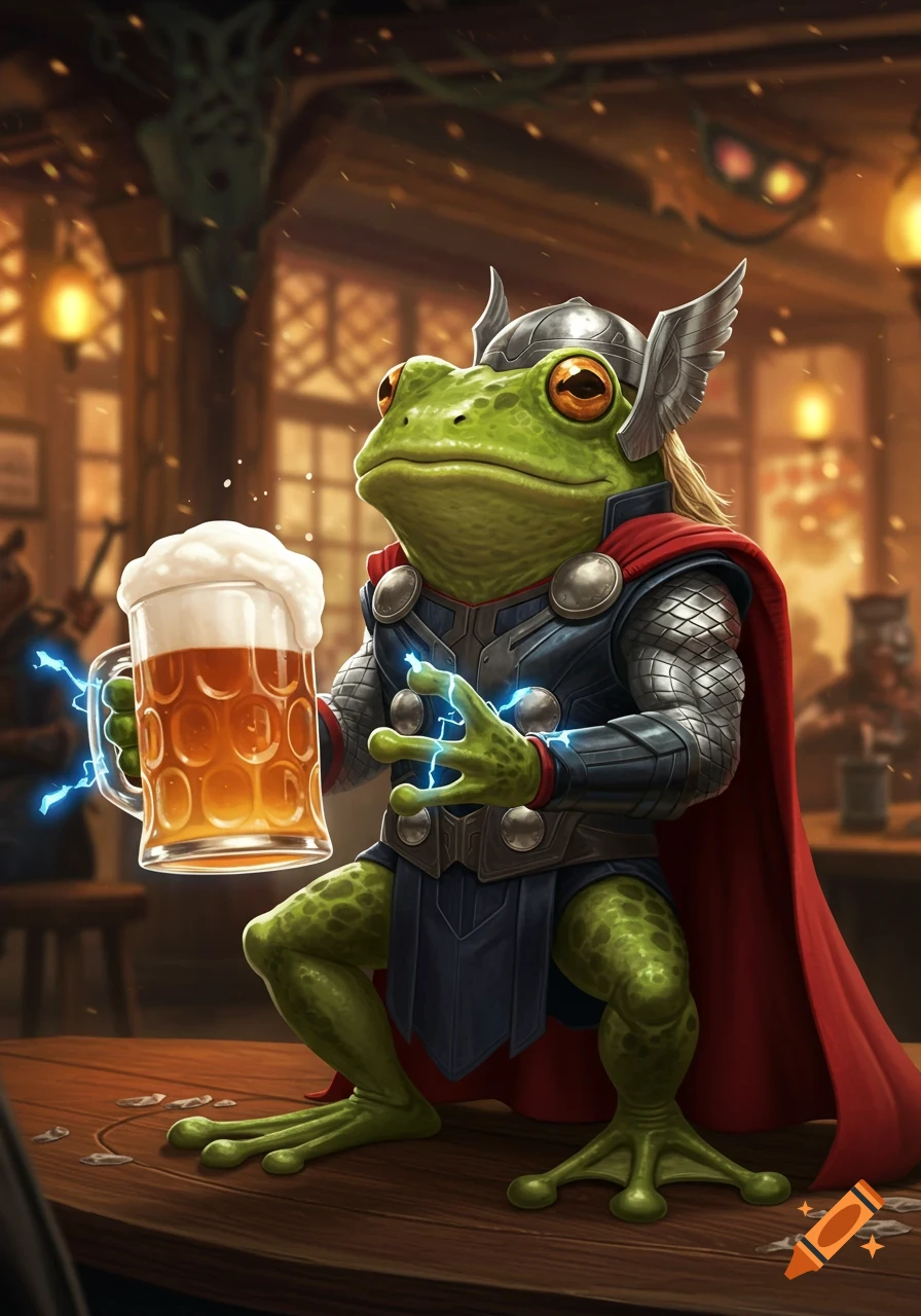 An illustrated frog dressed as Thor holds a frothy beer mug with lightning in a rustic tavern.