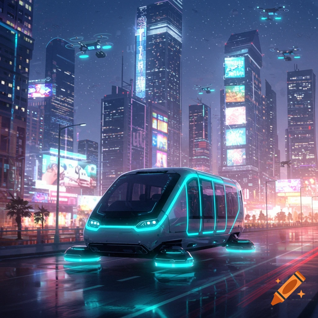A futuristic hover vehicle with glowing neon lights travels through a vibrant, rainy cityscape at night, with drones in the sky.