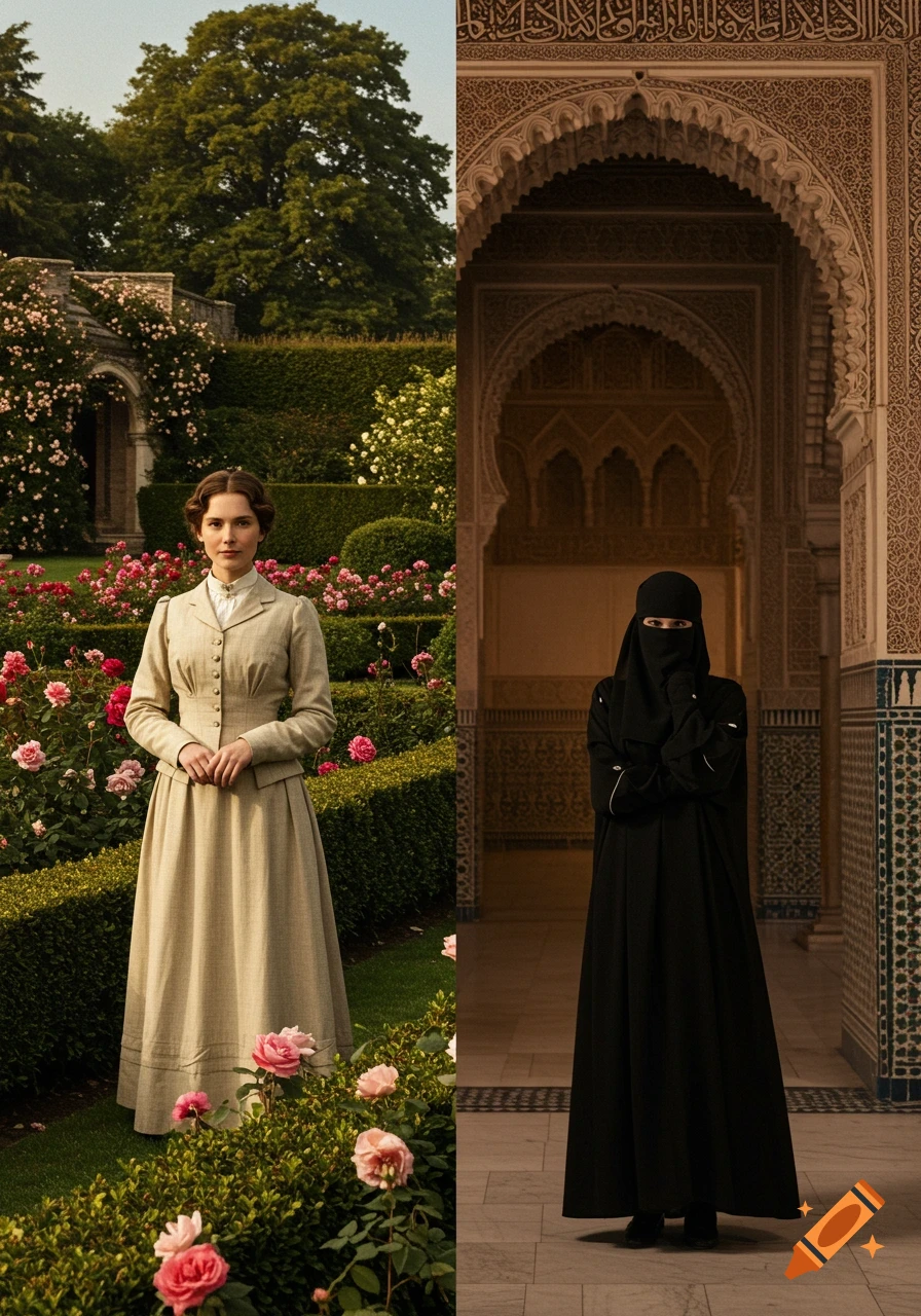 A split image showing an Englishwoman in a beige dress in a rose garden on the left, and a woman in a black abaya, niqab, and hijab in an ornate arched hallway on the right.