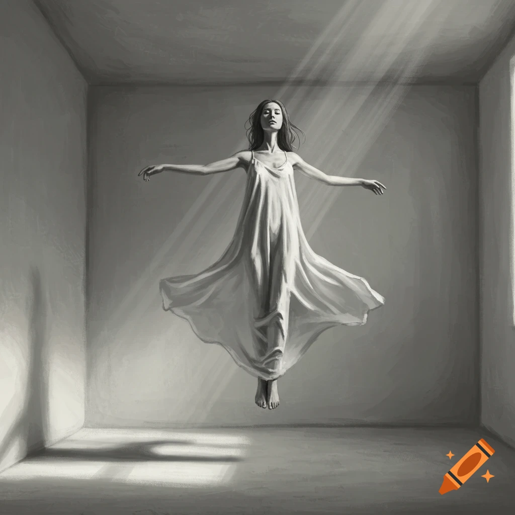 Monochrome digital painting of a woman in a flowing dress levitating in a simple room with light rays.