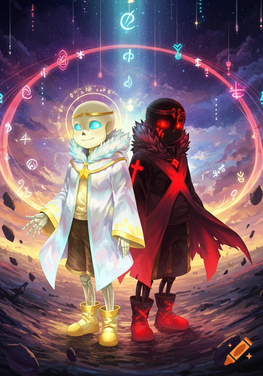 Dream Sans, a white and gold skeleton with glowing blue eyes, stands beside Cross Sans, a black and red skeleton with glowing red eyes, against a cosmic sky with glowing magical symbols.