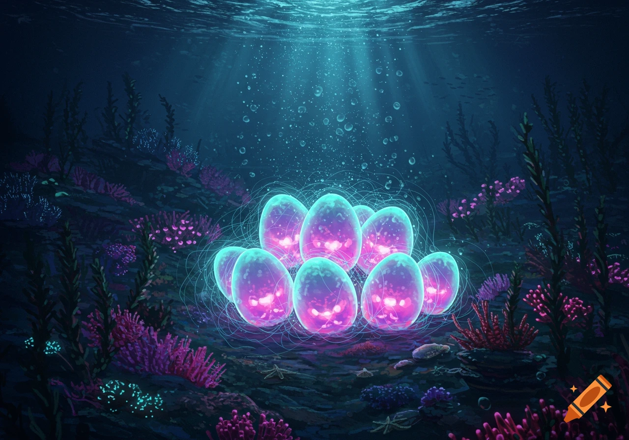 A cluster of glowing blue and purple alien eggs on a vibrant coral reef floor under sparkling underwater light.
