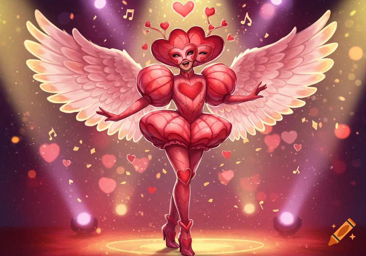 A masked character in a red heart-themed costume with wings stands on a sparkling stage under spotlights, a festive cartoon illustration.