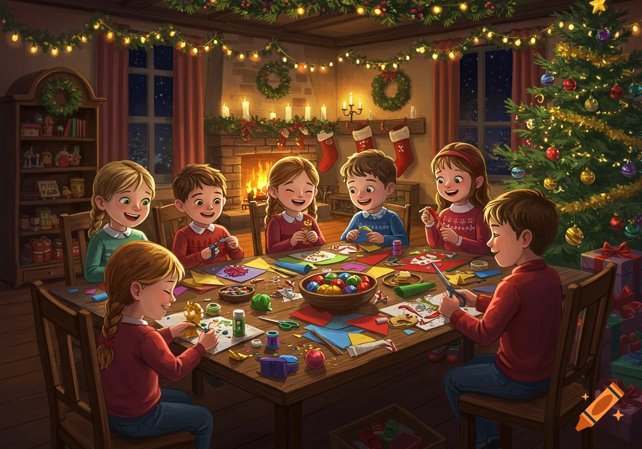 Six smiling children craft Christmas decorations at a table in a cozy, festive room with a fireplace and Christmas tree.