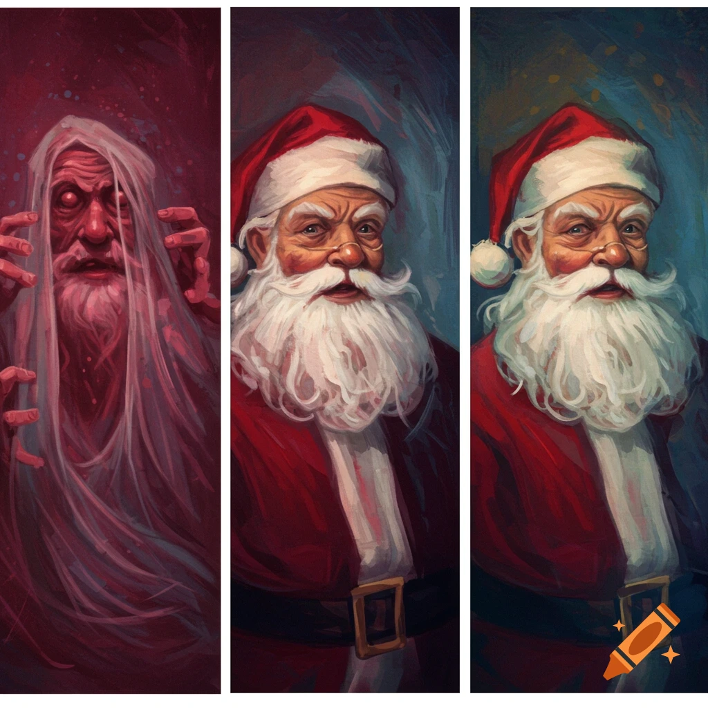 Painted triptych of Santa Claus portraits: one ghostly and distorted, two traditional, in a Francis Bacon style.