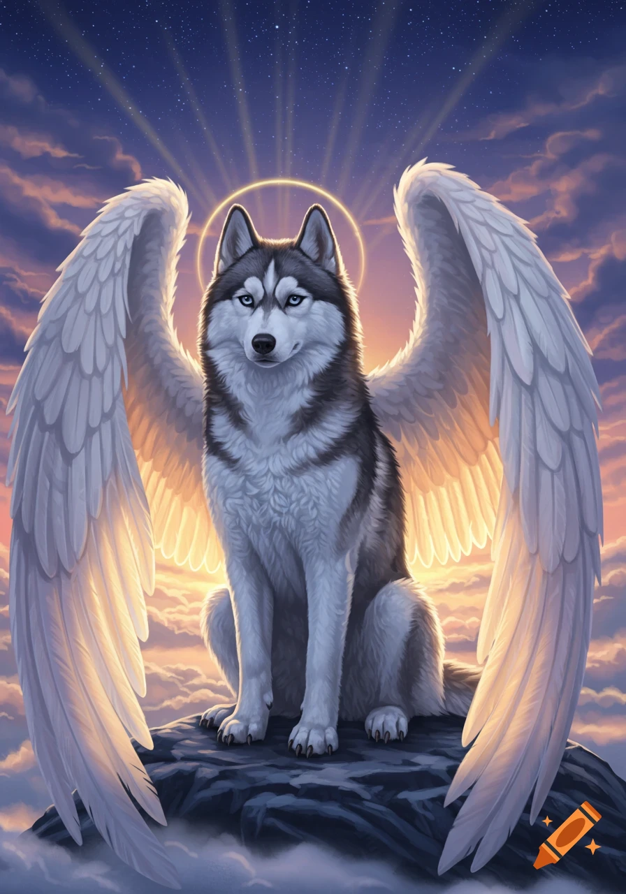 A majestic husky dog with blue eyes, white angel wings, and a halo sits on a rocky mountain peak among clouds during sunset.