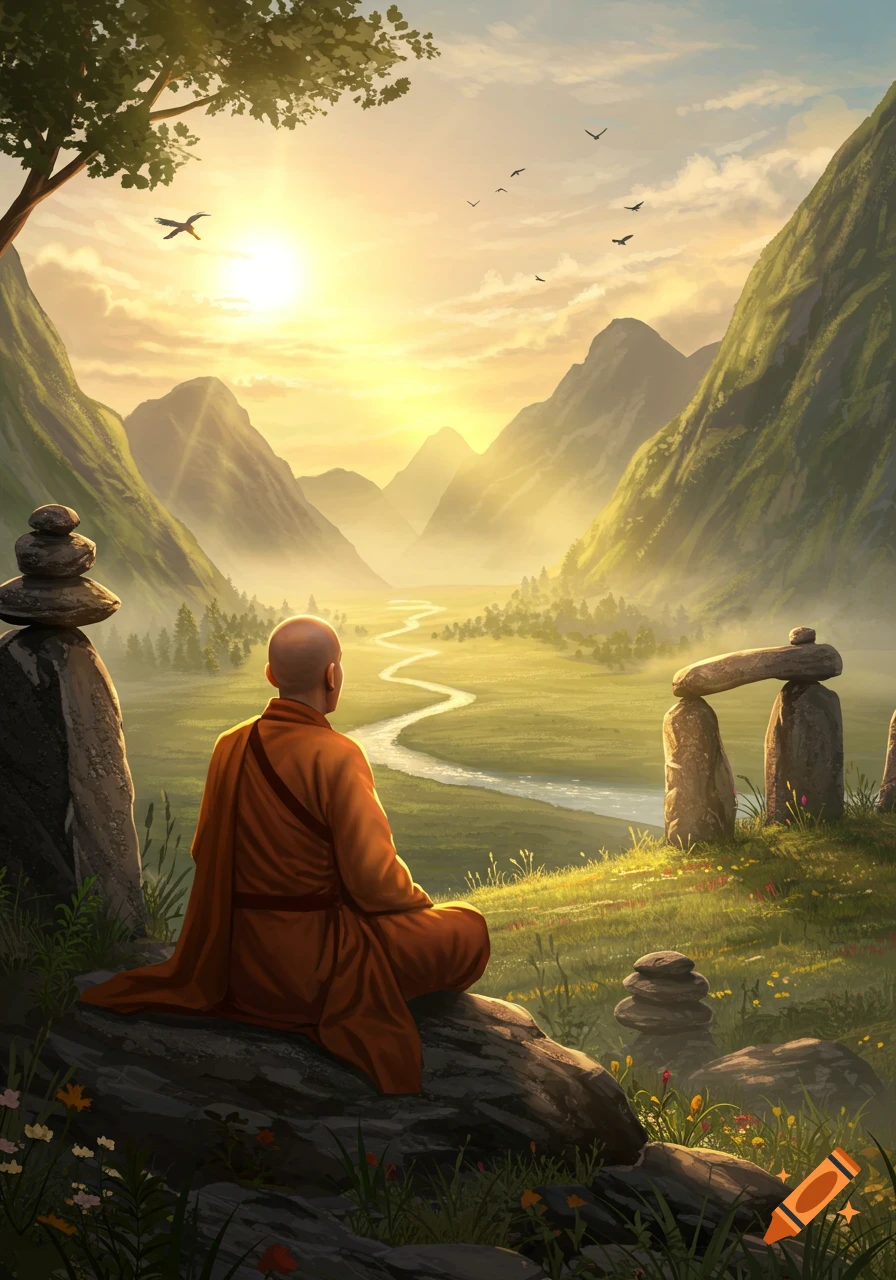A monk in orange robes meditates on a rock, overlooking a lush mountain valley with a winding river at sunset, rendered in a digital painting style.