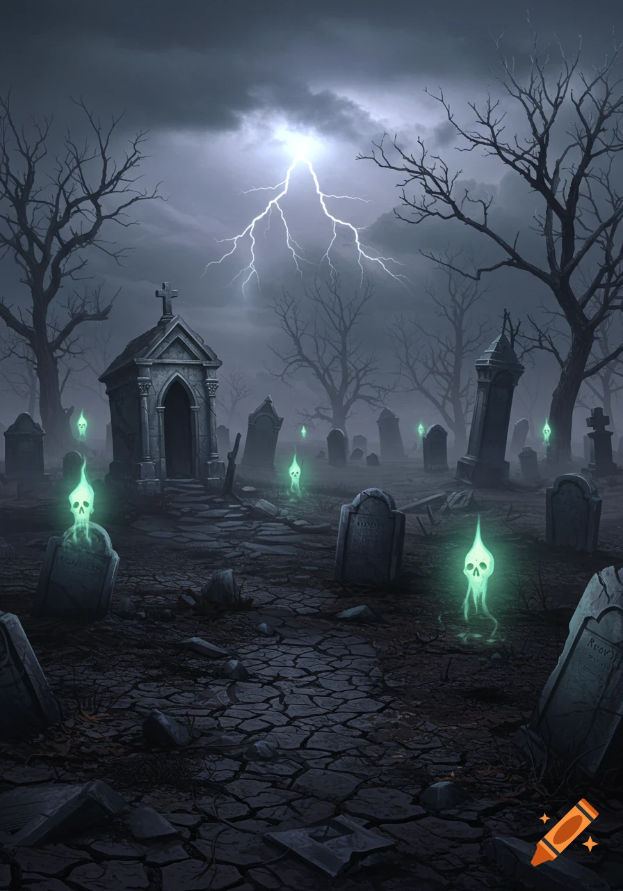 Dark, stormy graveyard with bare trees, a mausoleum, gravestones, glowing skull ghosts, and a lightning strike.