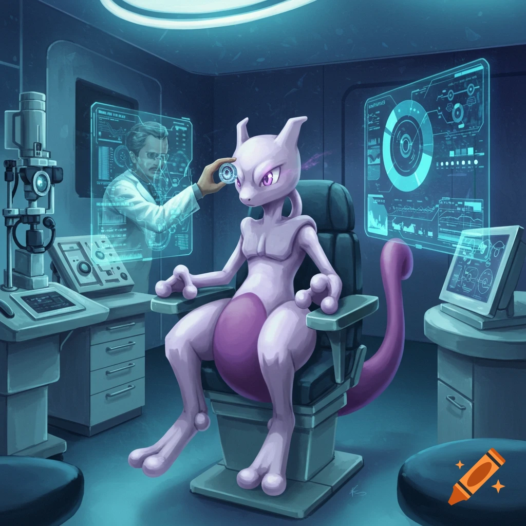 Mewtwo sits in a high-tech chair, getting its eyes examined by a holographic doctor in a futuristic lab.